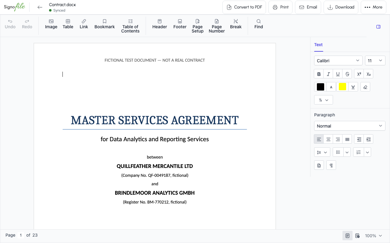 A Word document open in the editor of Signofile, with Convert to PDF, Print, Email, Download and More at the top and the formatting tools above the page.
