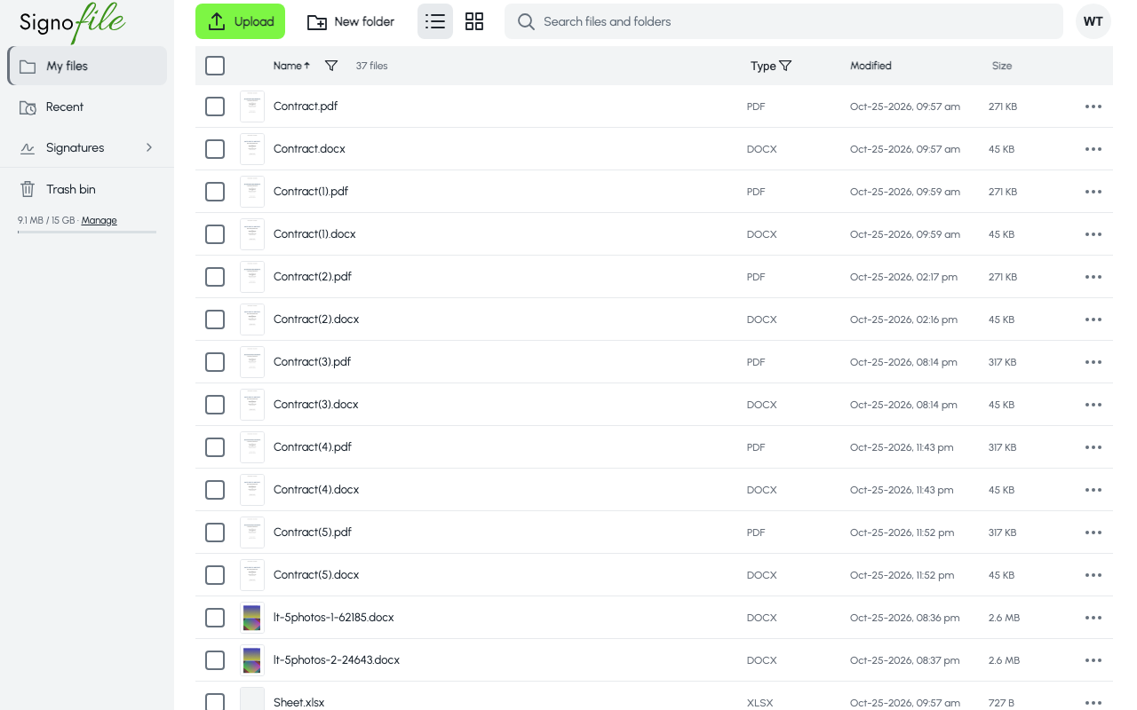 The My files page of Signofile: a list of documents, with the Upload and New folder buttons, the List and Grid switch and the search field in the top line.