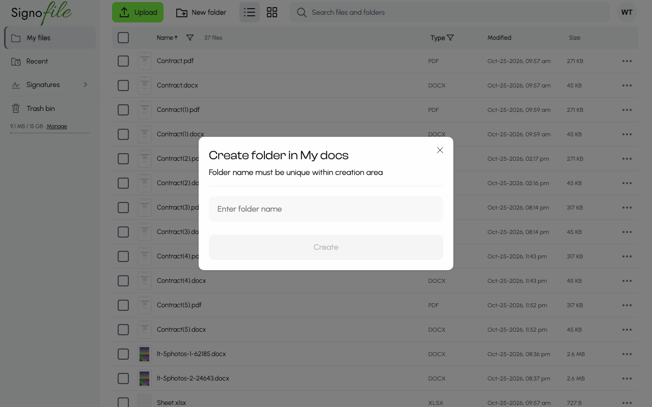 The Create folder window with a field called Enter folder name and a Create button.
